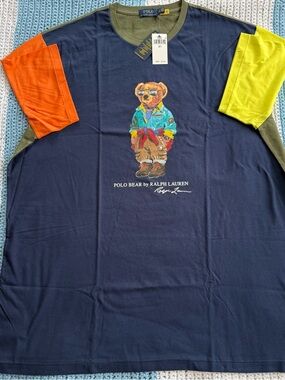 Polo by Ralph Lauren Navy Polo Bear Tee with Orange & Lime Sleeves
